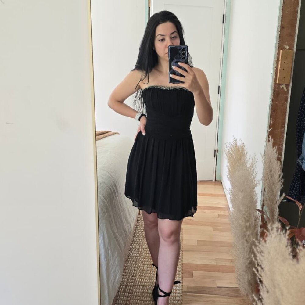 Black cocktail mini dress with wrap